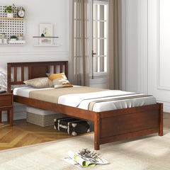 Twin Wood Platform Bed with Slatted Headboard and 12 Inch Clearance, Walnut