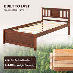 Twin Wood Platform Bed with Slatted Headboard and 12 Inch Clearance, Walnut