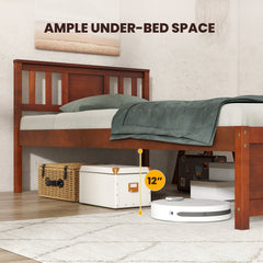 Twin Wood Platform Bed with Slatted Headboard and 12 Inch Clearance, Walnut
