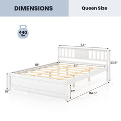 Queen Wood Platform Bed with Slatted Headboard and 12 Inch Clearance, White