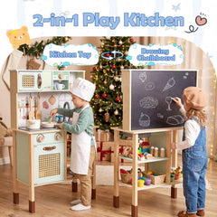 Wooden Play Kitchen for Kids with Lights and Sounds Retro Style With Accessories-Green