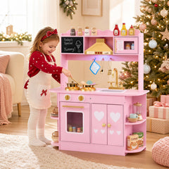 Wooden Play Kitchen with Lights & Sounds and Stove Oven for Toddlers Ages 3+-Pink