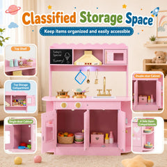 Wooden Play Kitchen with Lights & Sounds and Stove Oven for Toddlers Ages 3+-Pink
