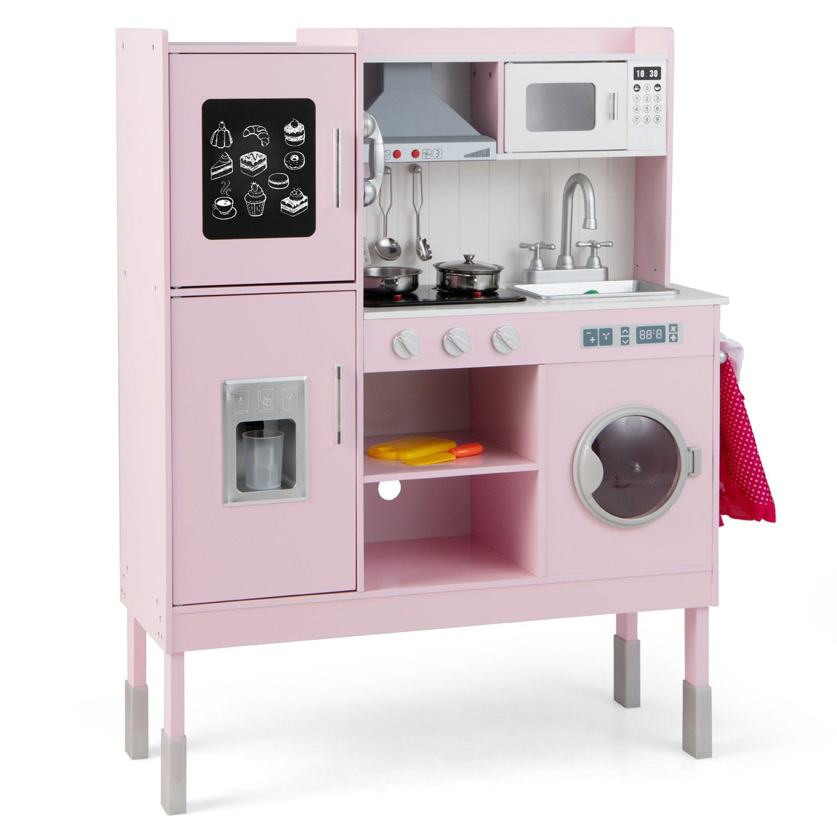 Pink Play Kitchen for Kids with Three Adjustable Heights and 16 Accessories