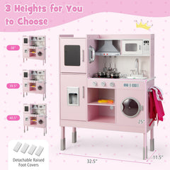Pink Play Kitchen for Kids with Three Adjustable Heights and 16 Accessories
