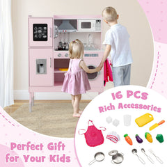 Pink Play Kitchen for Kids with Three Adjustable Heights and 16 Accessories