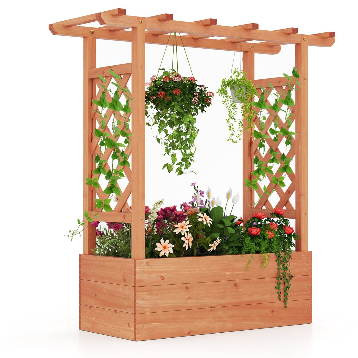 Patent Pending Wooden Raised Garden Bed with Trellis and Hanging Roof-Orange