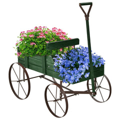 Wooden Wagon Planter in Green, Two Section Garden Cart Plant Stand with Metal Wheels
