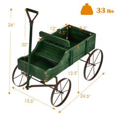 Wooden Wagon Planter in Green, Two Section Garden Cart Plant Stand with Metal Wheels