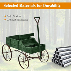 Wooden Wagon Planter in Green, Two Section Garden Cart Plant Stand with Metal Wheels