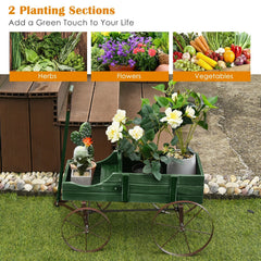 Wooden Wagon Planter in Green, Two Section Garden Cart Plant Stand with Metal Wheels