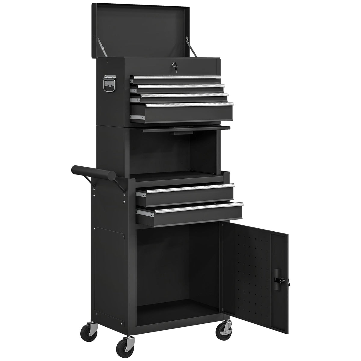 Large Tool Cabinet, 3-in-1 Rolling Tool Chest, Detachable Tool Storage Organizer with 6 Drawers and Pegboard, Black