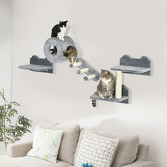 4 PCs 9.3" H Cat Wall Shelves, Pet Wall-mounted Climbing Shelf Set, Kitten Activity Centre with Condo, Cushion, Scratching Post, Jumping Platform, Grey