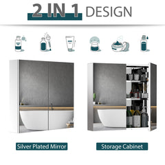 Wall Mounted Mirror Cabinet, Bathroom Medicine Cabinet with Mirror, 2 Doors and 3-tier Shelving, Silver