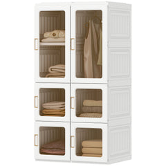 Portable Wardrobe, Foldable Plastic Closet with 5 Compartments, Hanging Rod and Magnetic Doors, White