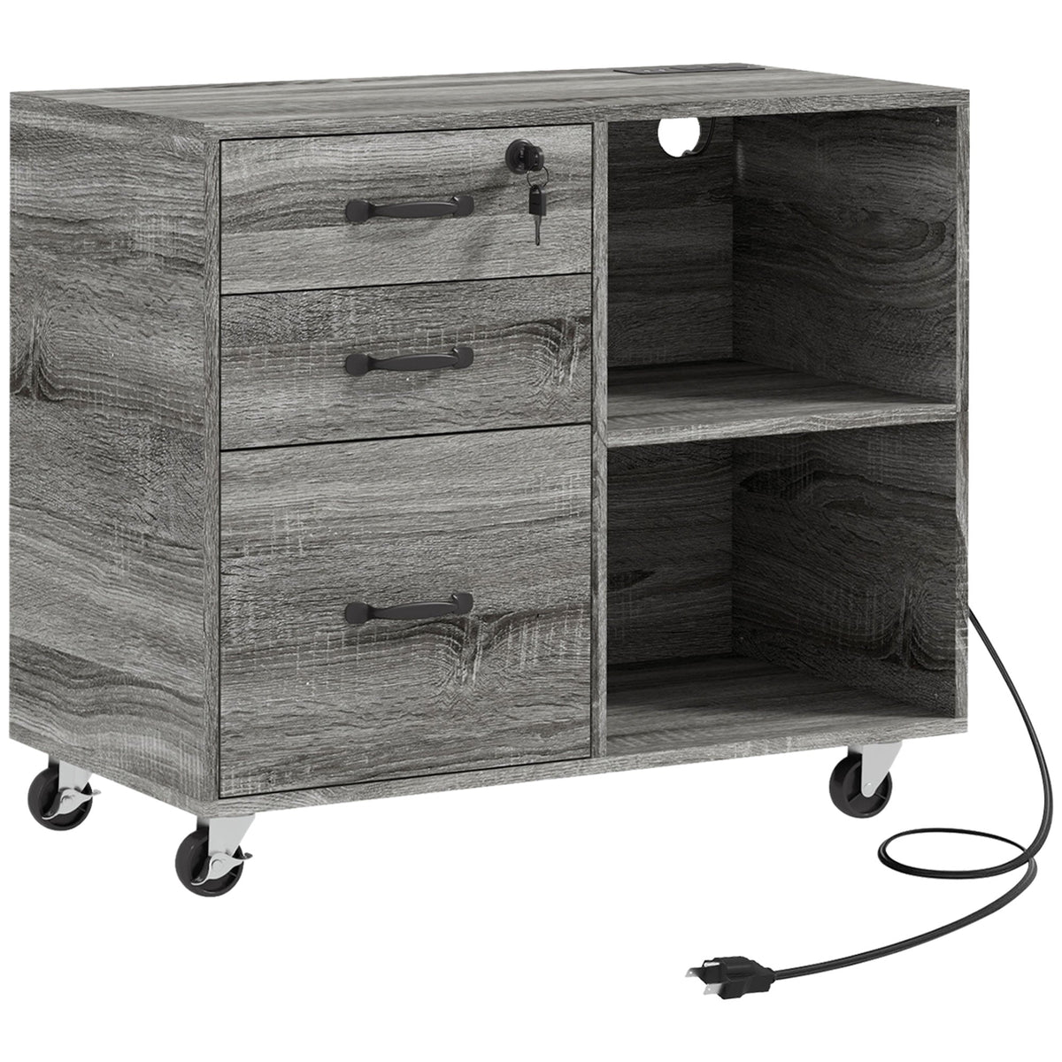 Mobile Printer Stand with Charging Station USB Ports Locking Filing Cabinet for A4 Letter Size Grey