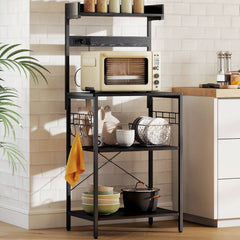 Kitchen Baker's Rack with Power Outlet, Coffee Bar Station with Adjustable Shelves and Hooks, Distressed Grey