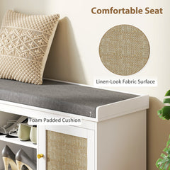 Shoe Bench with Padded Cushion, Boho Entryway Bench with Rattan Doors and Adjustable Shelves, Holds 9 Pairs, White