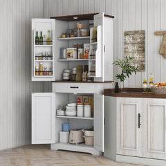 71" Tall Kitchen Cabinet, Farmhouse Pantry Cabinet with Barn Doors, Drawer and Adjustable Shelves, White