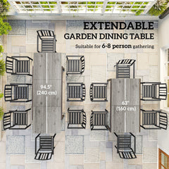 63"-94.5" Extendable Patio Dining Table for 6-8 Person, Outdoor Dining Table with Aluminium Edging, Steel Frame, Brown