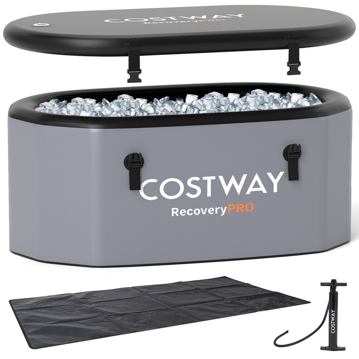 XL 129 Gal Oval Ice Bath Tub with Cover and Hand Pump for Athletes-Gray
