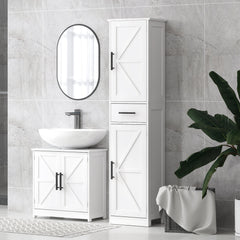 67" Tall Bathroom Cabinet, Narrow Bathroom Storage Cabinet with Drawer, Barn Doors and Adjustable Shelves, Black