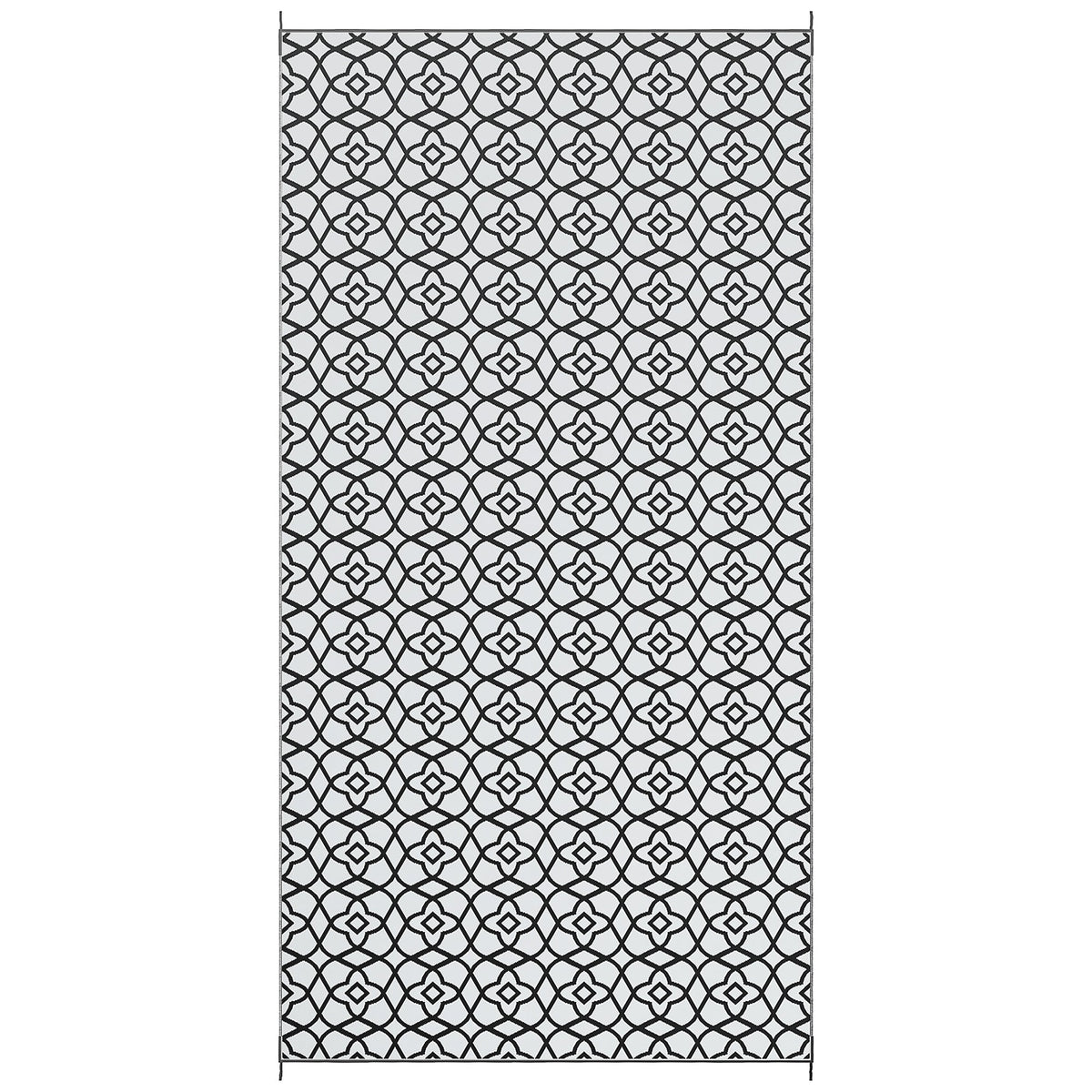 Reversible Outdoor Rug, Waterproof Plastic Straw RV Rug with Carry Bag, 9' x 18', Black and White Clover
