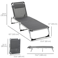 Folding Lounge Chair, Patio Lounger with Headrest, 5-Level Adjustable Backrest, and Aluminum Frame, Black