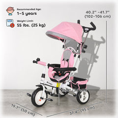 6 in 1 Toddler Tricycle Stroller with Basket, Canopy, 5-point Safety Harness, for 12-60 Months, Grey