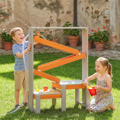 Wooden Sandbox, Kids Sand and Water Table with Waterway Track and Dual Boxes, Sensory Table for Outdoor, Grey