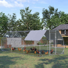 Chicken Run Outdoor, Galvanized Large Metal Chicken Coop Cage, Walk-in Enclosure Poultry Hen Run House Playpen Rabbit Hutch with Flat Roof, Cover, 9.2'x6.2'x6.5', Silver