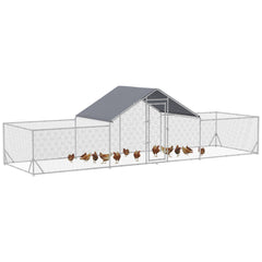 Chicken Run, 23' x 6.6' Metal Chicken Coop with Waterproof and Anti-UV Cover, Spire Roof, Door, for 12-14 Chickens, Ducks, Rabbits, Sliver