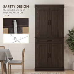 71" Freestanding Kitchen Pantry with 4 Doors and 2 Cabinets, Tall Storage Cabinet for Kitchen, Distressed Black
