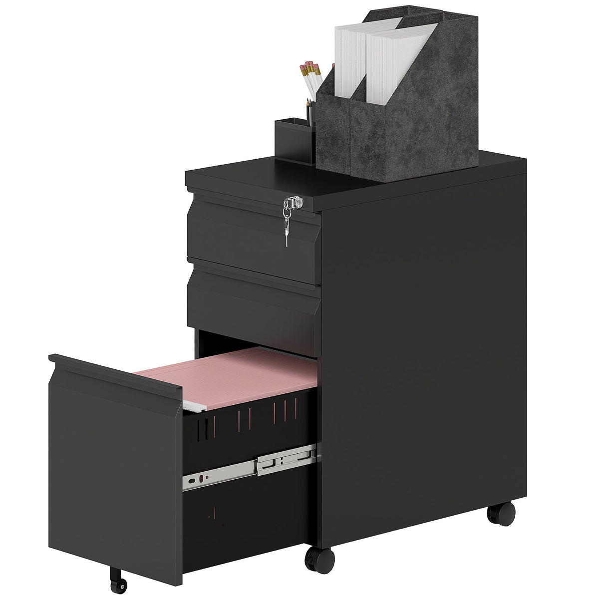 3 Drawer Filing Cabinet with Lock, Steel Office Storage Cabinet with Hanging Bar for A4, Legal, Letter Files, Black