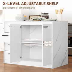 Kitchen Island with Storage Cabinet, 4 Drawers and Adjustable Shelf for Dining Room, Faux Marble Effect and White