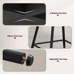 Set of 2 Counter Height Barstools, Upholstered Linen Bar Stools with Backrest, Footrest and Steel Legs, Dark Grey