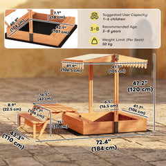 Kids Sandbox with Canopy, Wooden Sand Box with Foldable Picnic Table, Bench Seats, Liner, Cover, Gift for Ages 3-8