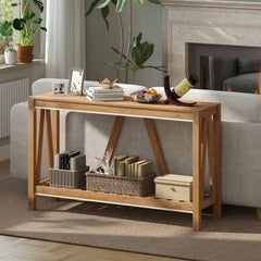 52" Console Table, Farmhouse Narrow Entryway Table with Storage Shelf, Rustic Sofa Table with Anti-tipper for Living Room and Hallway, Oak