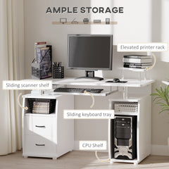 Computer Desk with Keyboard Tray, Home Office Desk with Drawers, CPU Stand, Printer Stand and Open Shelves, Writing Workstation for Study, White