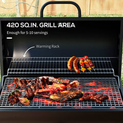 Barrel Charcoal BBQ Smoker, Barbecue with 420 sq.in. Cooking Area, Wheels, Ash Catcher, Black