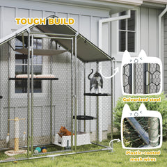 Large Catio Outdoor Cat Enclosure with Waterproof Cover, Walk-in Cat Patio w/ 5 Adjustable Platforms & Hammock 79" W