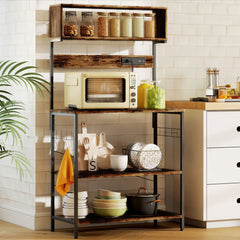 Baker's Rack with Charing Station, Microwave Shelf with Power Outlet, USB Charger and 5 Hooks, Black