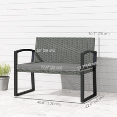 2 Seater Outdoor Bench, Rattan Garden Bench Loveseat with Cushion, Armrests, Steel Frame for Patio, Porch, Light Grey