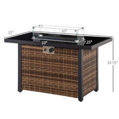 Propane Fire Pit Table 43in Outdoor Fire Table, 50,000 BTU Pulse-Ignition Wicker Firepit Furniture with Glass Wind Guard, Blue Glass Rock, CSA Certification, Black