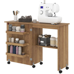 Sewing Machine Cabinet, Folding Sewing Table with Storage Shelf, Bins and Lockable Wheels for Small Space, Brown