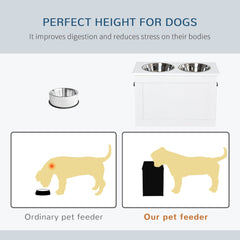Large Elevated Pet Feeder with Storage Dog Pet Diner Function 2 Stainless Steel Dog Bowls Elevated Base for Large Dogs and Other Large Pet, White