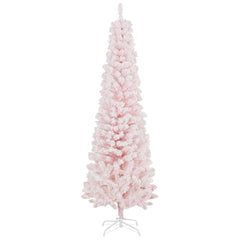 6ft Flocked Christmas Tree, Pencil Christmas Tree with Realistic Branch Tips, Folding Metal Stand, Green