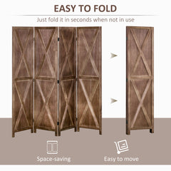 4-panel Wall Partition Farmhouse Room Separator with Foldable Design Wooden Frame 5.6FT, Walnut