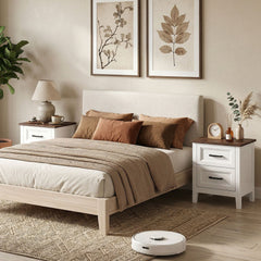 Farmhouse Nightstand Set of 2, Bedside Tables with 2 Drawers, Wood-Effect Top, White