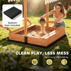 Kids Sandbox with Canopy, Wooden Sand Box with Foldable Picnic Table, Bench Seats, Liner, Cover, Gift for Ages 3-8
